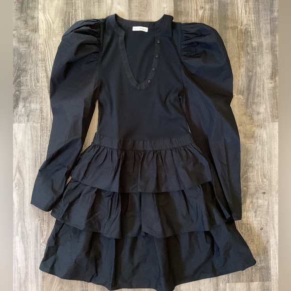 Ulla Johson Amiri Dress Noir Cotton Fine Ribbed Poplin Ballon Sleeves Small - Picture 4 of 7